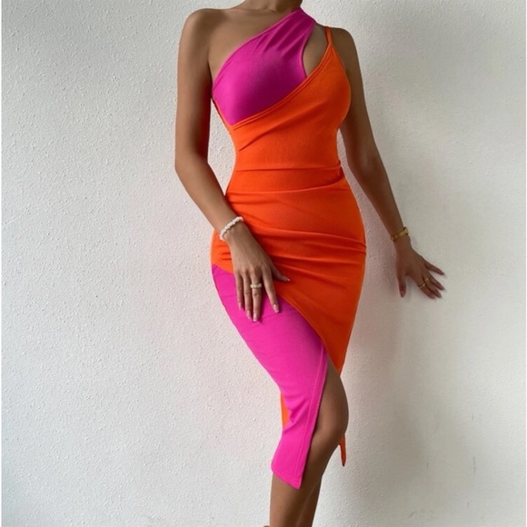 2 Tone One Shoulder Asymmetrical Bodycon Midi RIBBED Dress Orange Hot Pink - Picture 5 of 7